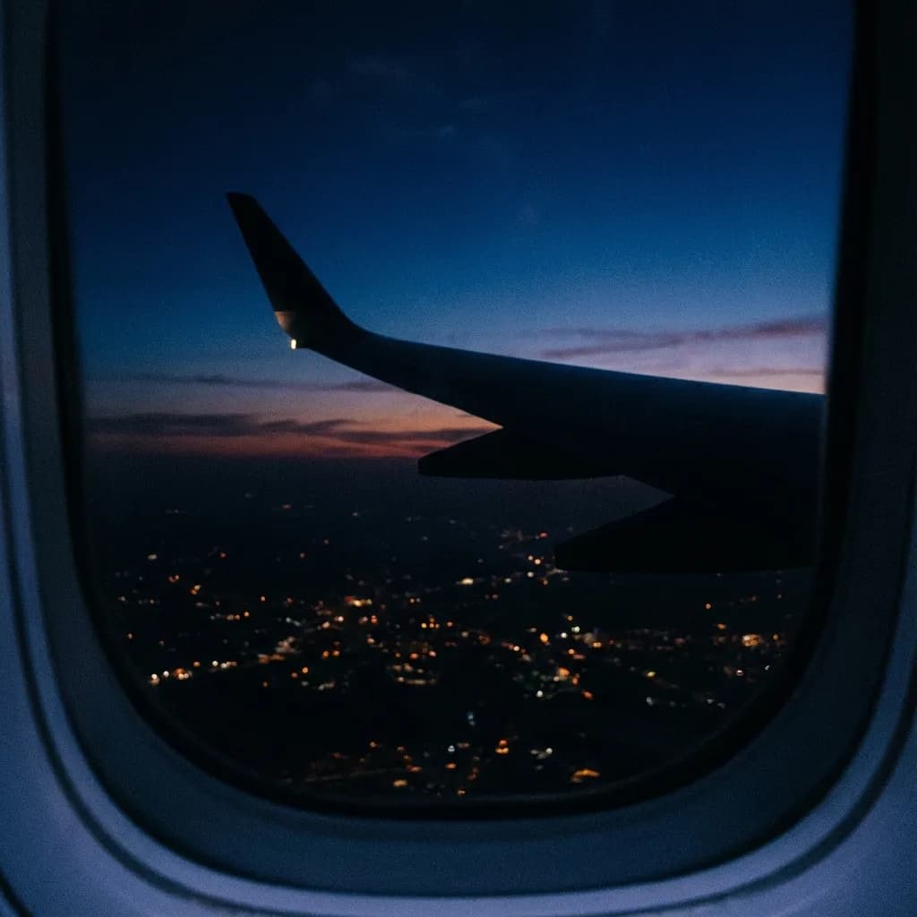 Airplane wing at twilight